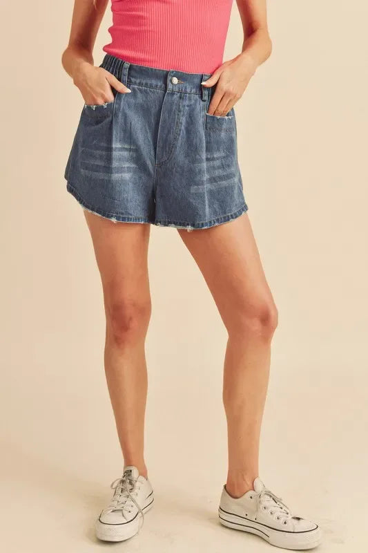 Aemi + Co Frayed Hem Elastic Waist Denim Shorts