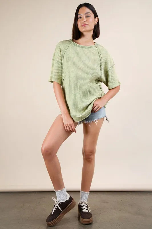 VERY J Mineral Washed Ribbed Knit Casual Top