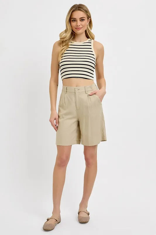 RISEN High Rise Pleated Front Shorts
