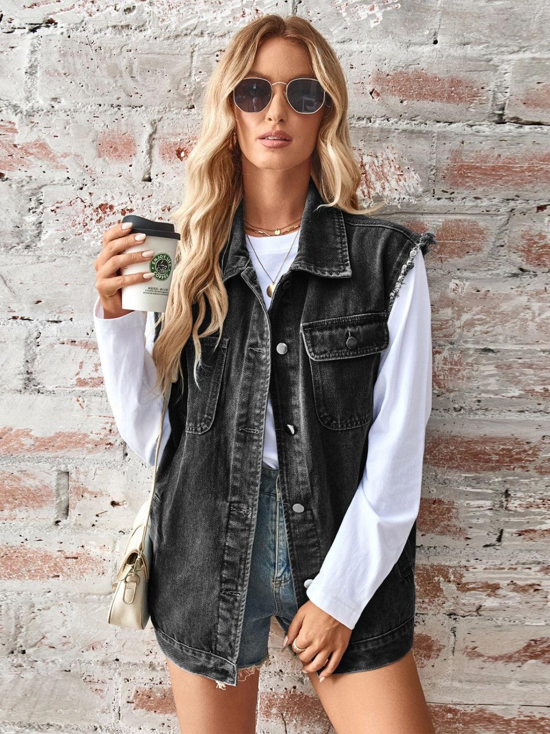 Raw Hem Sleeveless Button Up Denim Jacket Black