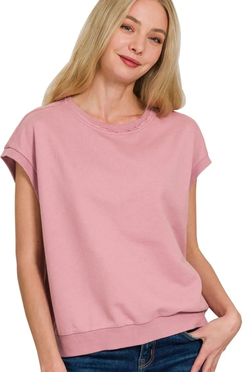 Zenana French Terry Round Neck Cap Sleeve T-Shirt LT ROSE