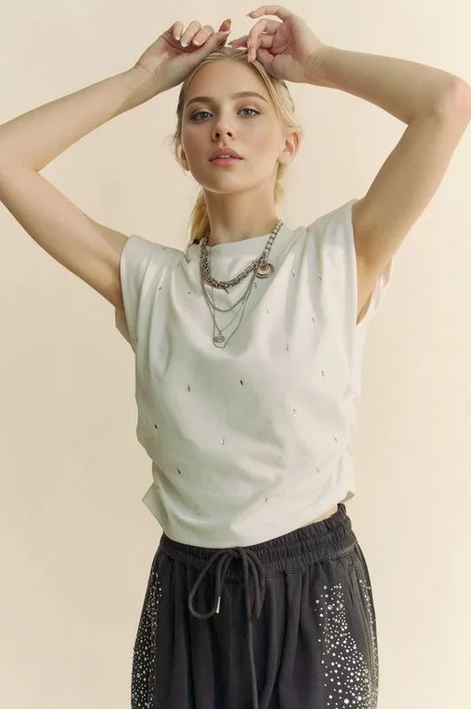 Davi & Dani Solid Mock Neck Short Sleeve Jewel Crop Top