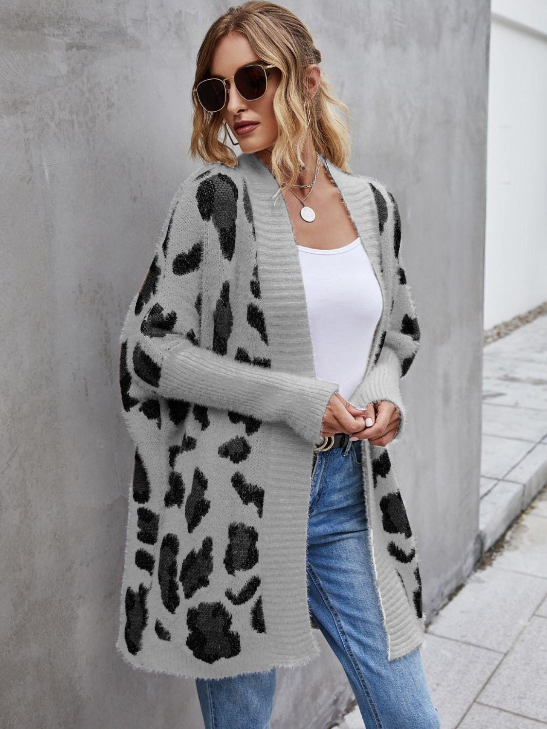 Angel Wings Leopard Pattern Fuzzy Cardigan Heather Gray
