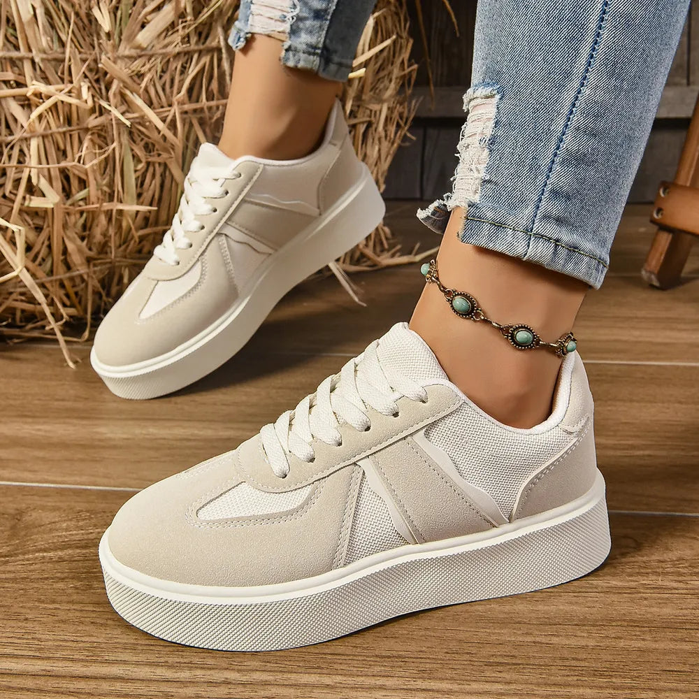 Lace Up Round Toe Contrast Sneakers Beige