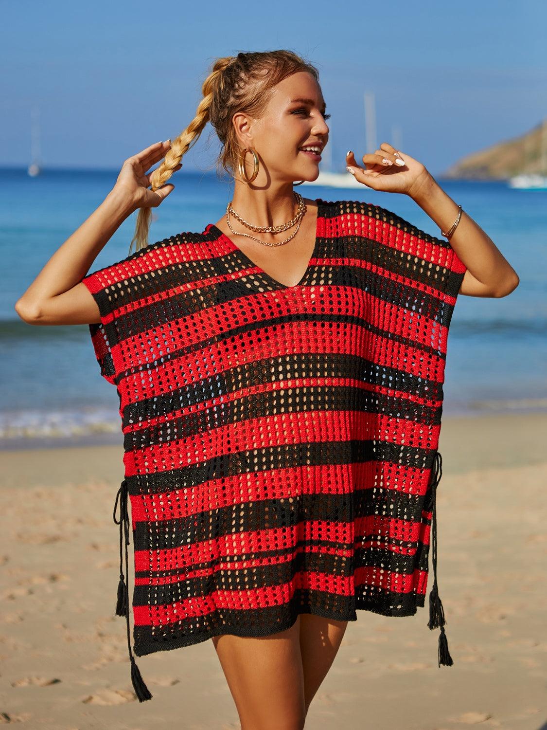 Tassel Openwork Striped V-Neck Cover Ups Black One Size