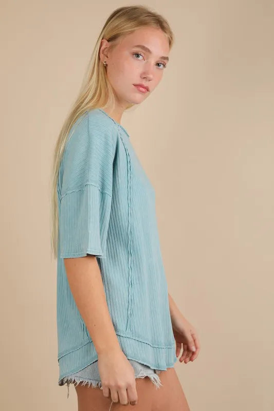 VERY J Mineral Washed Ribbed Knit Casual Top