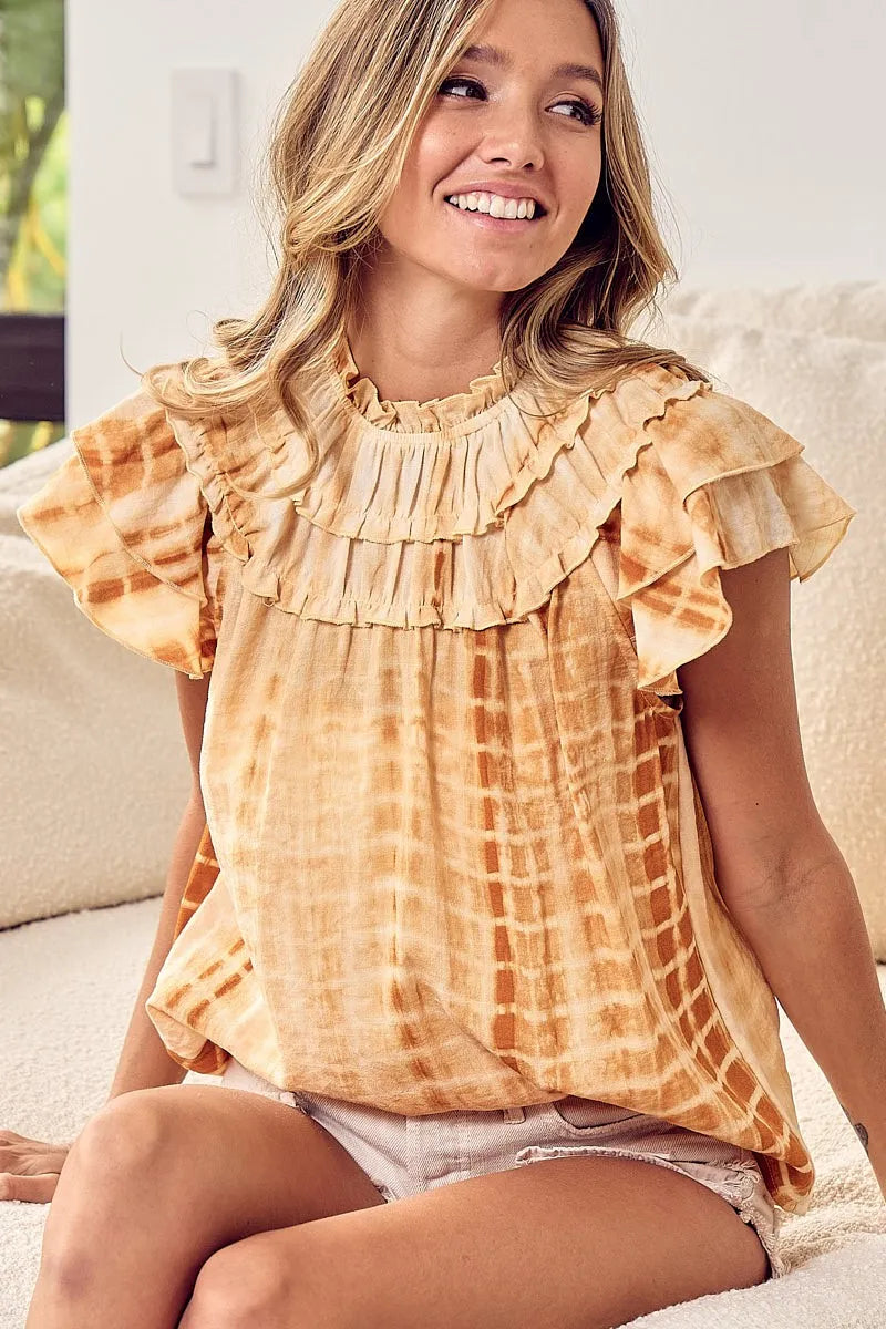 BiBi Tiered Ruffle Neck Tie Dye Top