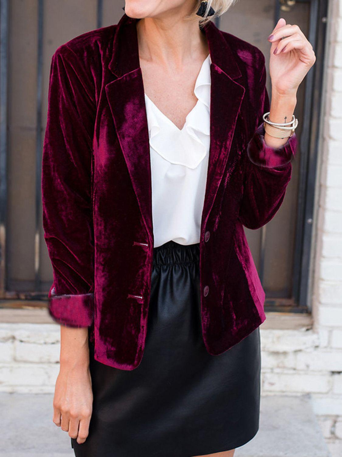 Button Up Lapel Collar Blazer Burgundy