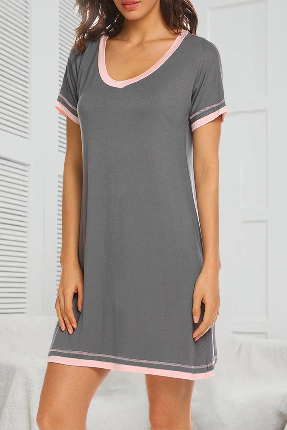 Contrast Trim Short Sleeve Lounge Dress Dark Gray
