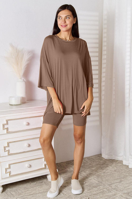 Basic Bae Full Size Soft Rayon Three-Quarter Sleeve Top and Shorts Set Mocha