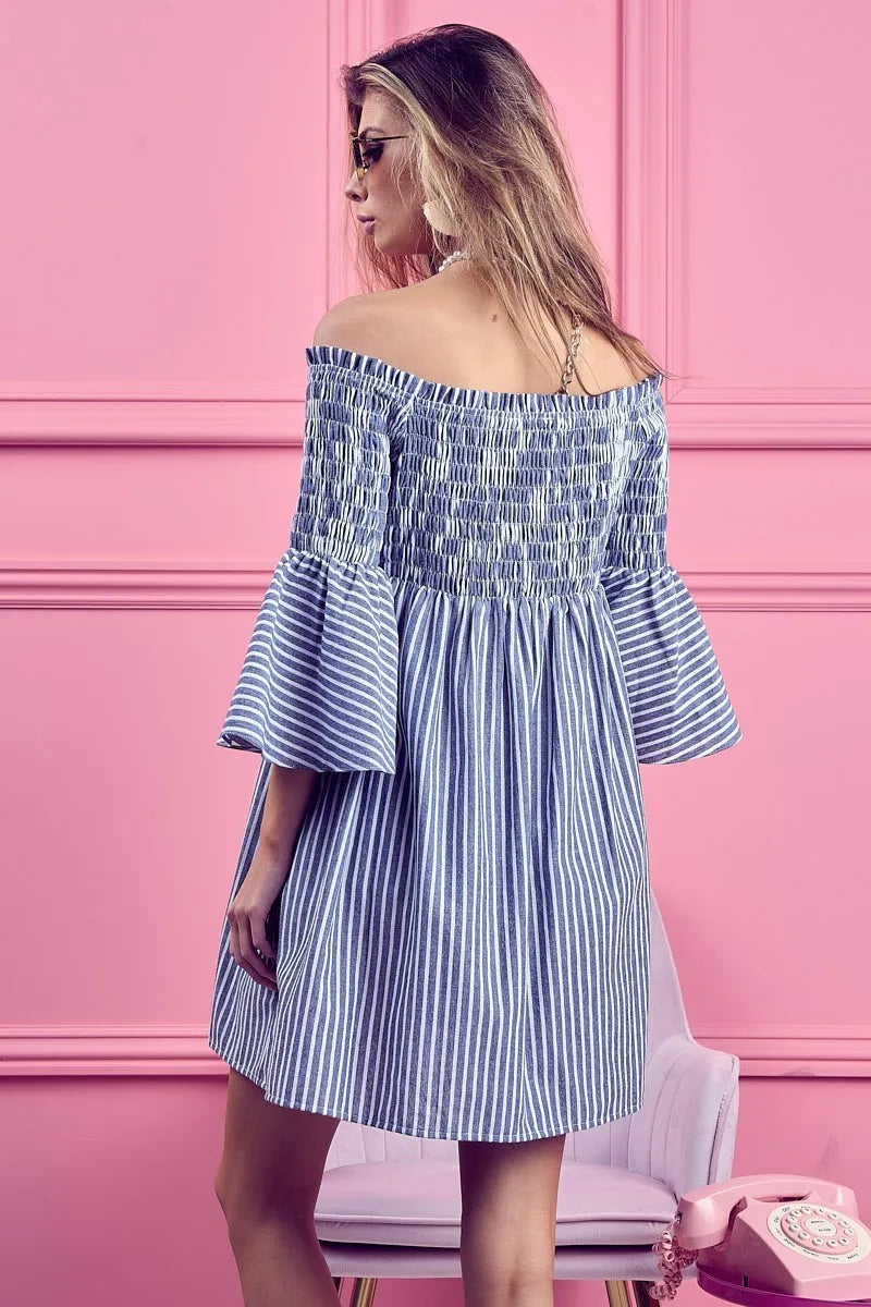 BiBi Smocked Off Shoulder Striped Dress