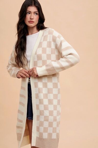Annie Wear Checkered & Striped Open Front Long Sleeve Cardigan Latte Combo
