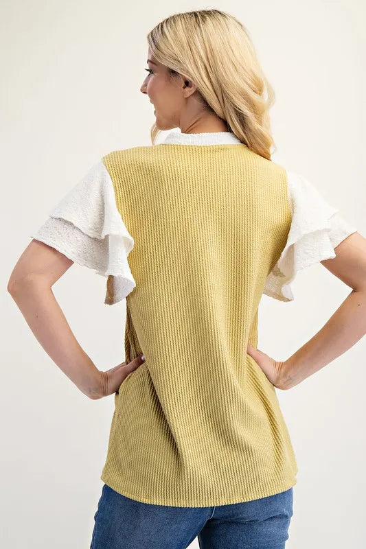 Celeste Full Size Solid Color Top with Ruffle Layered Sleeves Plus Size