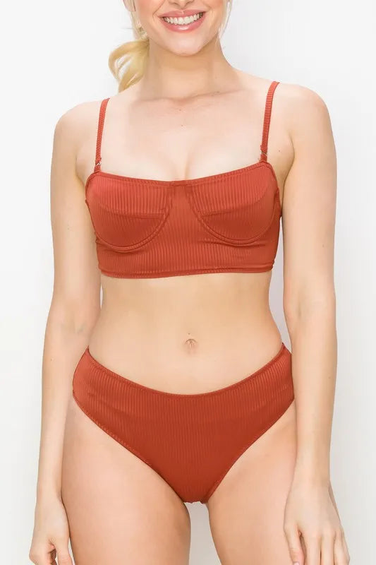 And The Why Ribbed Underwire Plunge Bikini Swimsuits