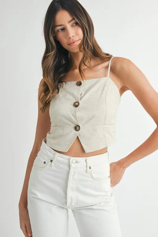 MABLE Linen Mix Button Down Tank Top Oatmeal