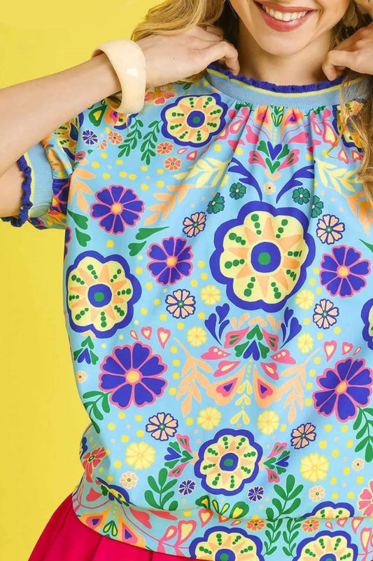 Umgee Retro Floral Puff Sleeve Top Navy