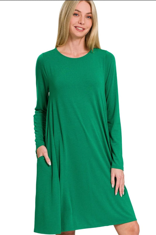 Zenana Long Sleeve Flare Dress With Pockets