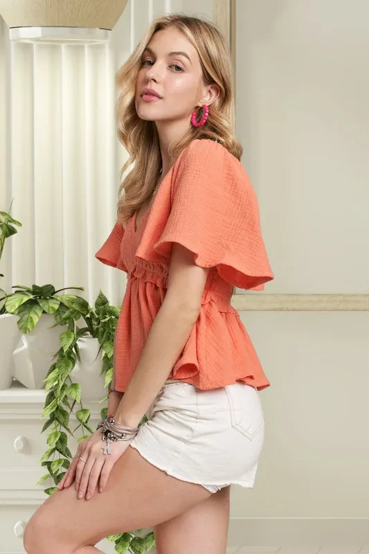 ADORA Flare Sleeves Peplum Blouse Top
