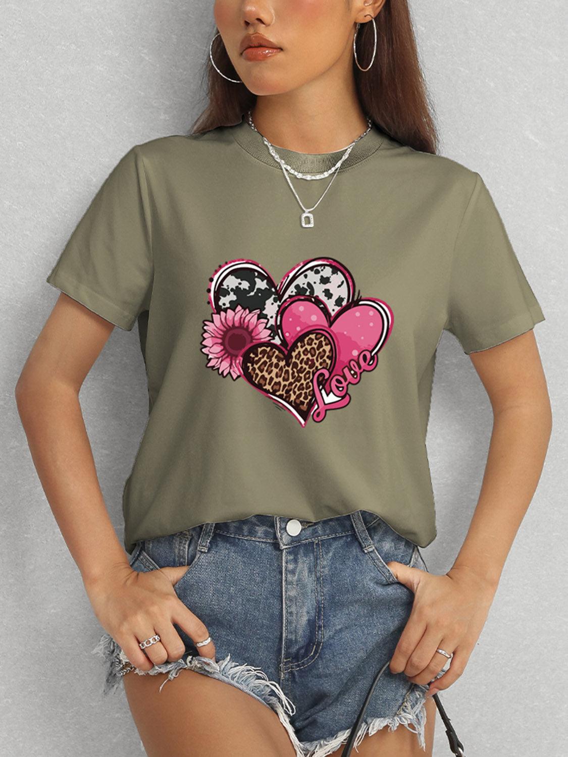 Heart Round Neck Short Sleeve T-Shirt Army Green