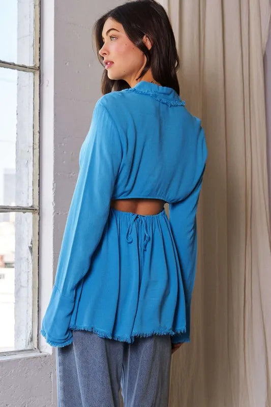 Davi & Dani V-Neck Open Back Adjustable Babydoll Shirt