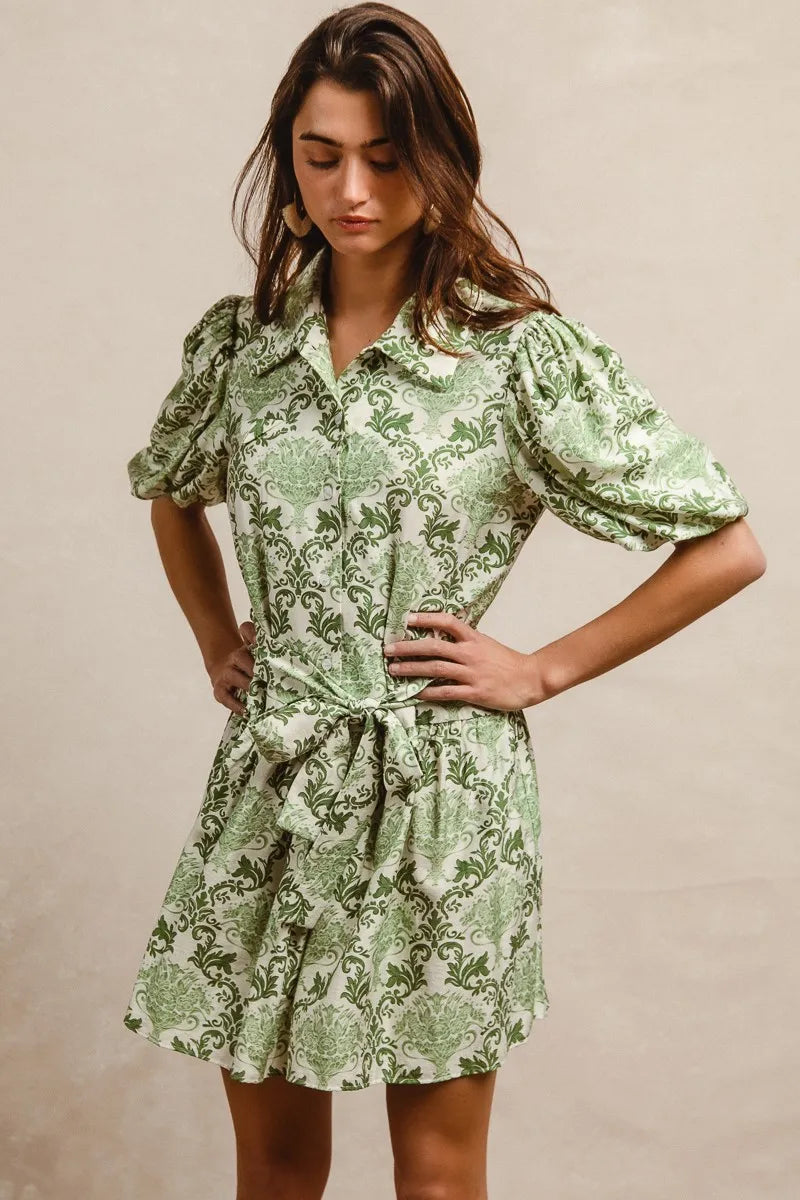 BiBi Tied Floral Short Sleeve Mini Shirt Dress GREEN CREAM