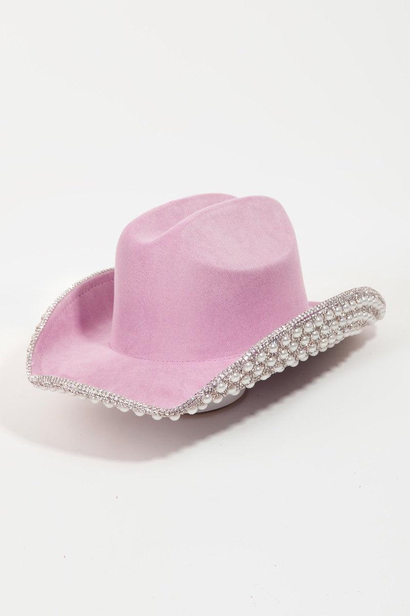 Fame Pave Rhinestone Pearl Trim Cowboy Hat Pink One Size