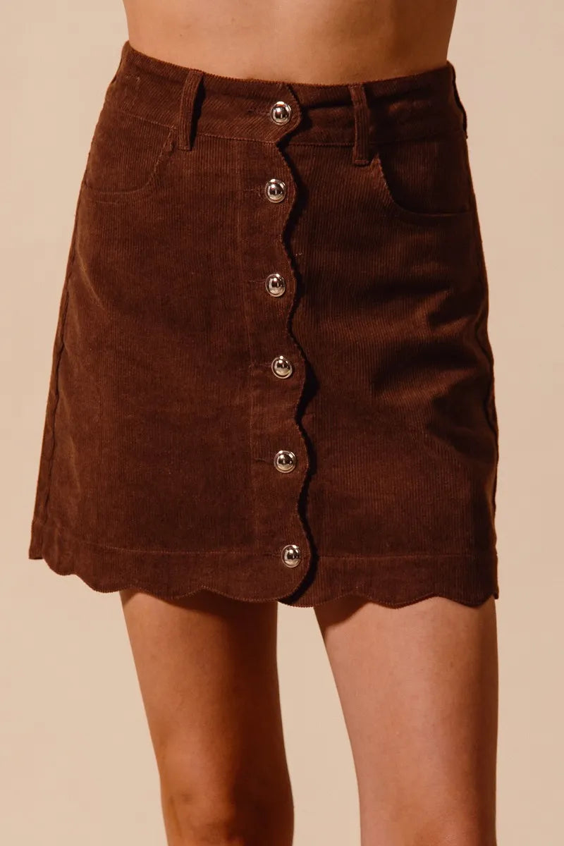 SO ME Scallop Buttoned Front Corduroy Mini Skirt MOCHA