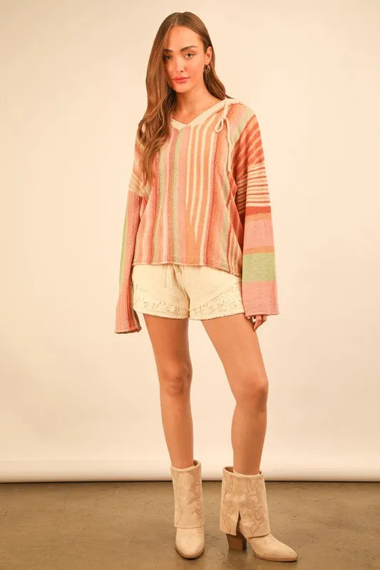 VERY J Multi Color Stripe Long Sleeve Knit Hoodie