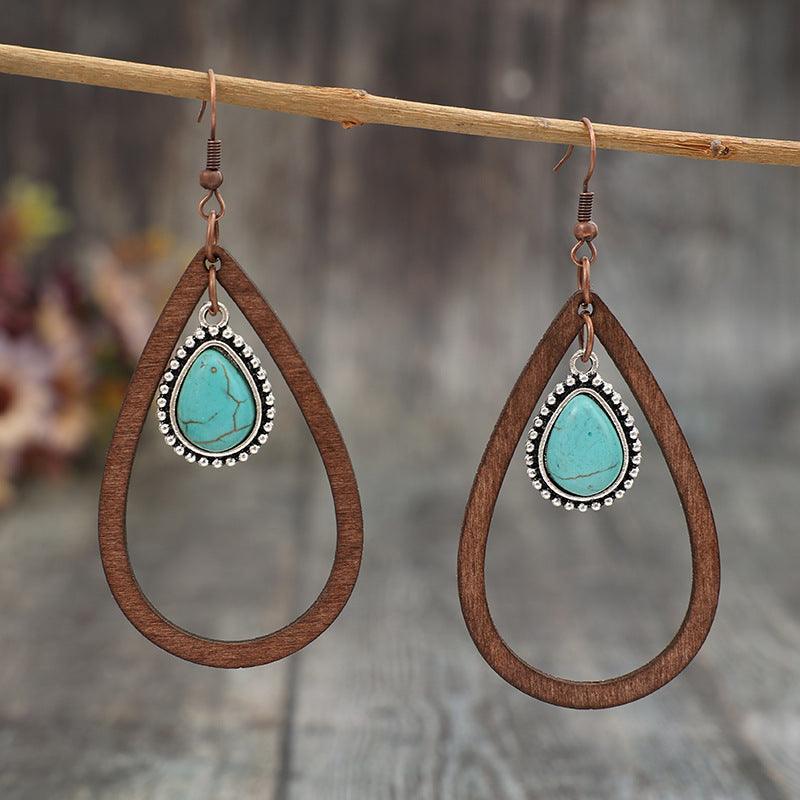 Wooden Turquoise Cutout Teardrop Earrings Brown One Size
