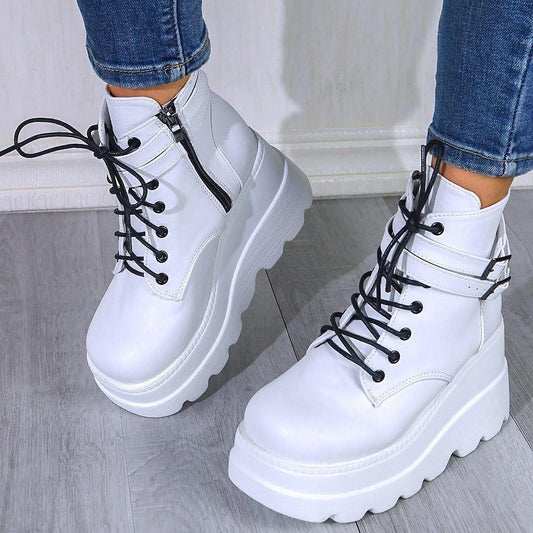 PU Leather Lace-Up Wedge Boots White