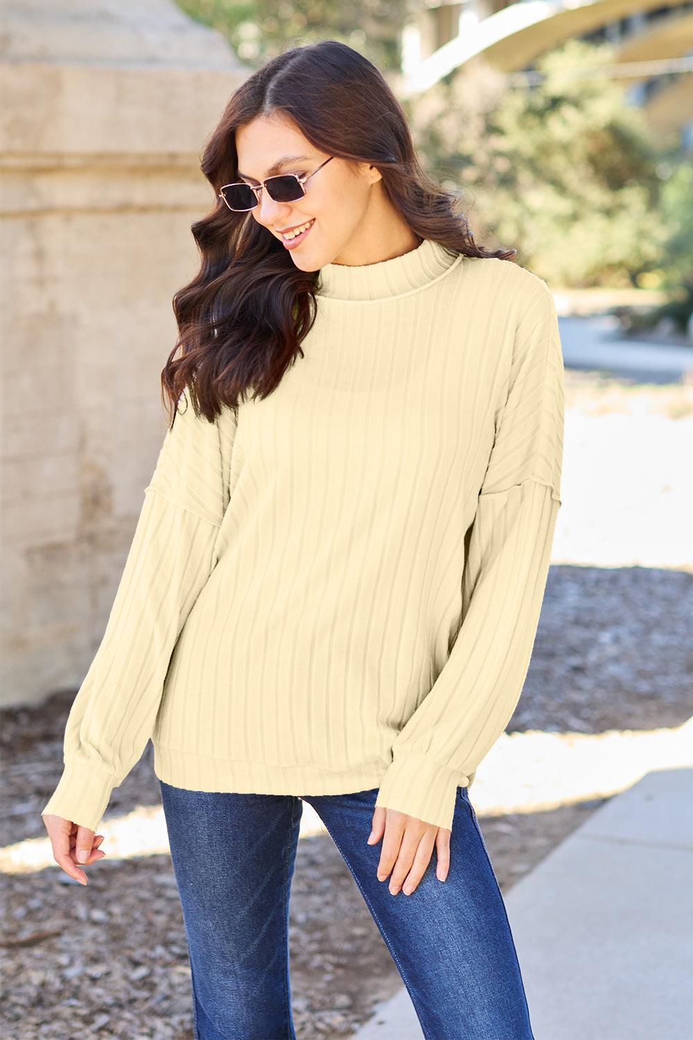 Basic Bae Full Size Ribbed Exposed Seam Mock Neck Knit Top Light Yellow