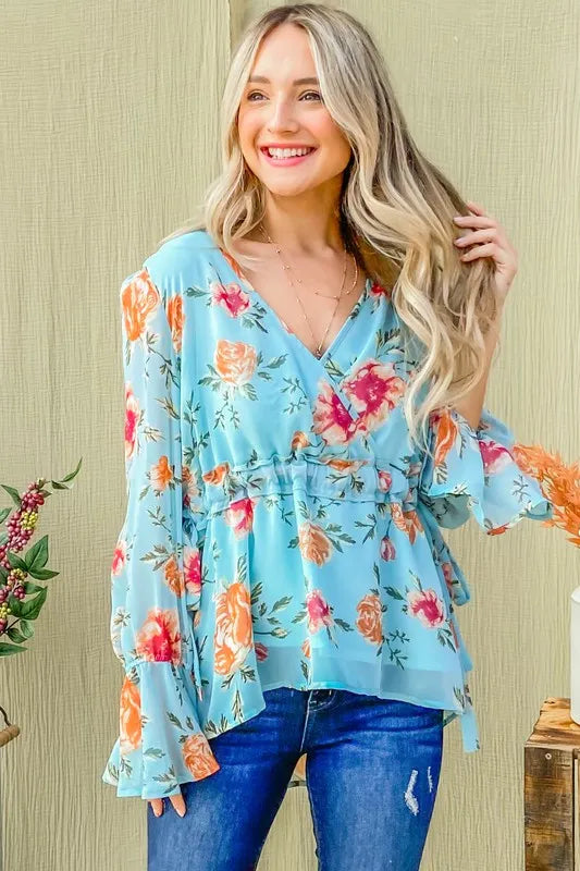 And The Why Floral Print Draw String Bell Sleeve Top