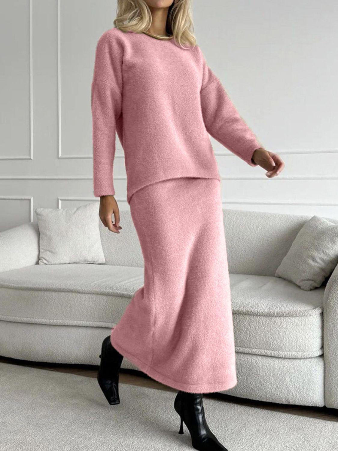 Round Neck Dropped Shoulder Top and Midi Skirt Sweater Set Blush Pink One Size