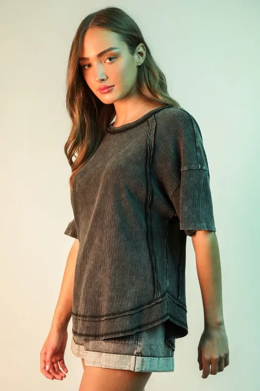 VERY J Mineral Washed Ribbed Knit Casual Top