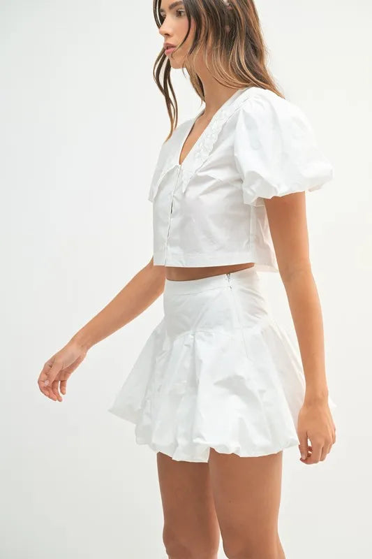 MABLE Puff Sleeve Button Down Top and Bubble Skirt Set