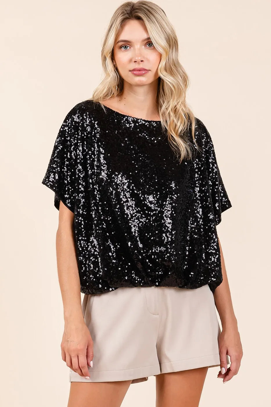 Mittoshop Sequin Short Sleeve Elastic Band Hem Top