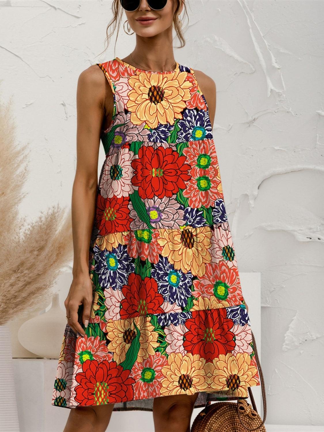 Tiered Printed Round Neck Sleeveless Dress Deep Red
