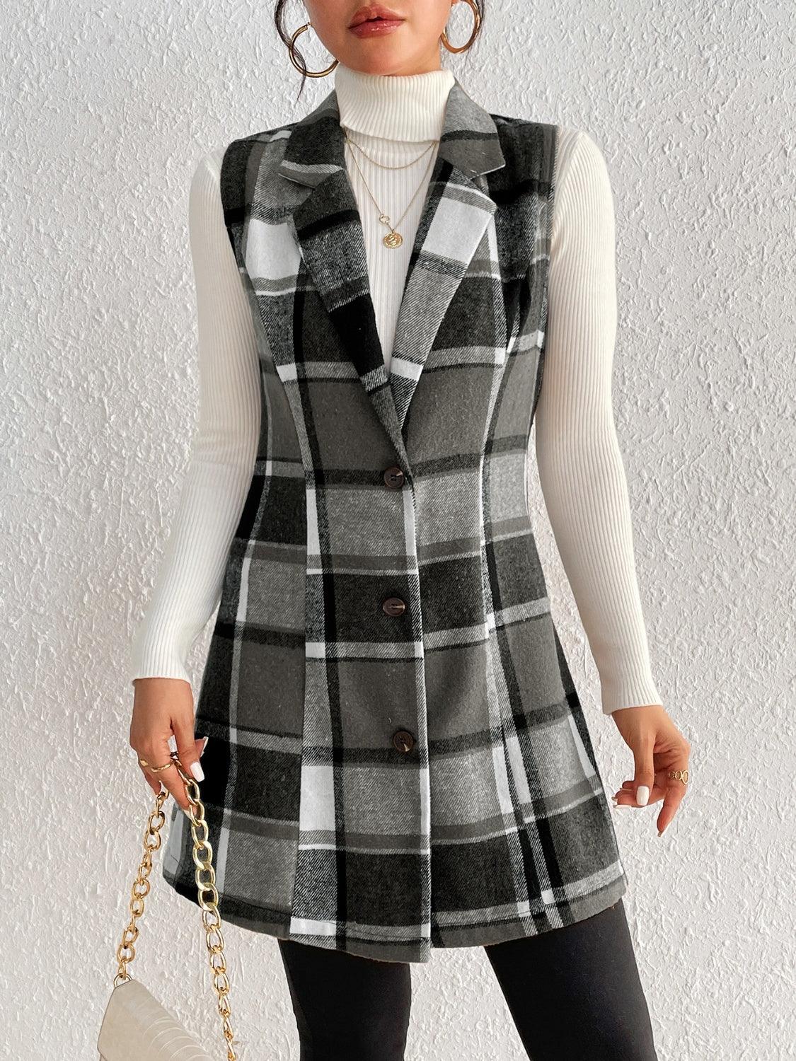 Honey Plaid Button Up Vest Coat Black