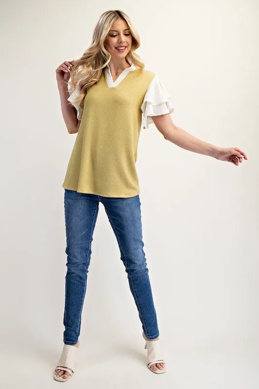 Celeste Full Size Solid Color Top with Ruffle Layered Sleeves Plus Size LIME