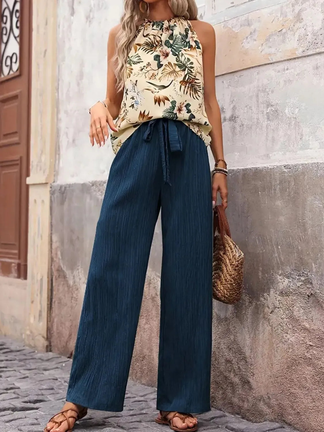 Printed Tank Top and Wide Leg Pants Set Peacock Blue