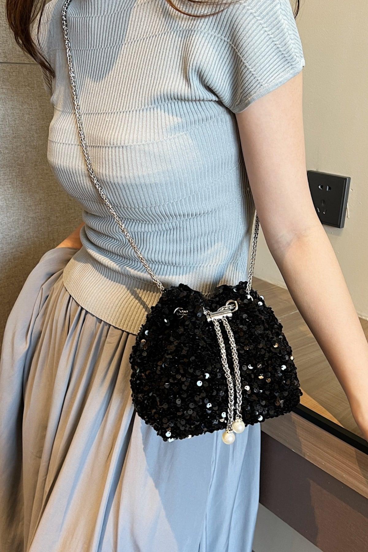 Sequin Chain Drawstring Bucket Bag Black One Size