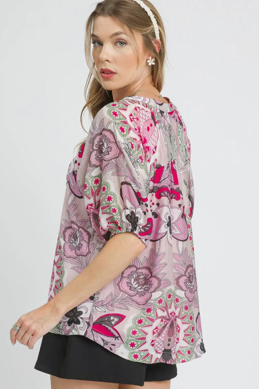 Umgee Floral Print Half Sleeve Blouse