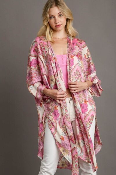 Umgee Full Size Mixed Print Open Front Kimono with Ruffle Sleeves Plus Size