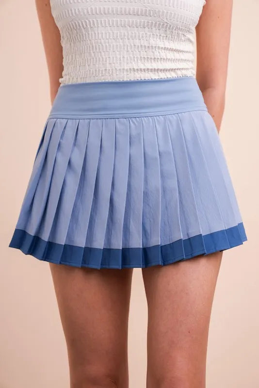 VERY J Two Tone Pleated Activewear Mini Skirt with Shorts Sky