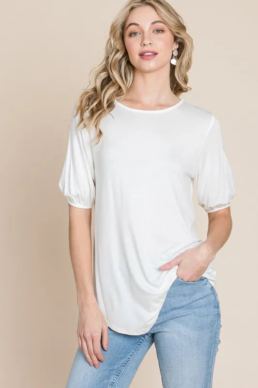 BOMBOM Round Neck Puff Sleeve T-Shirt IVORY