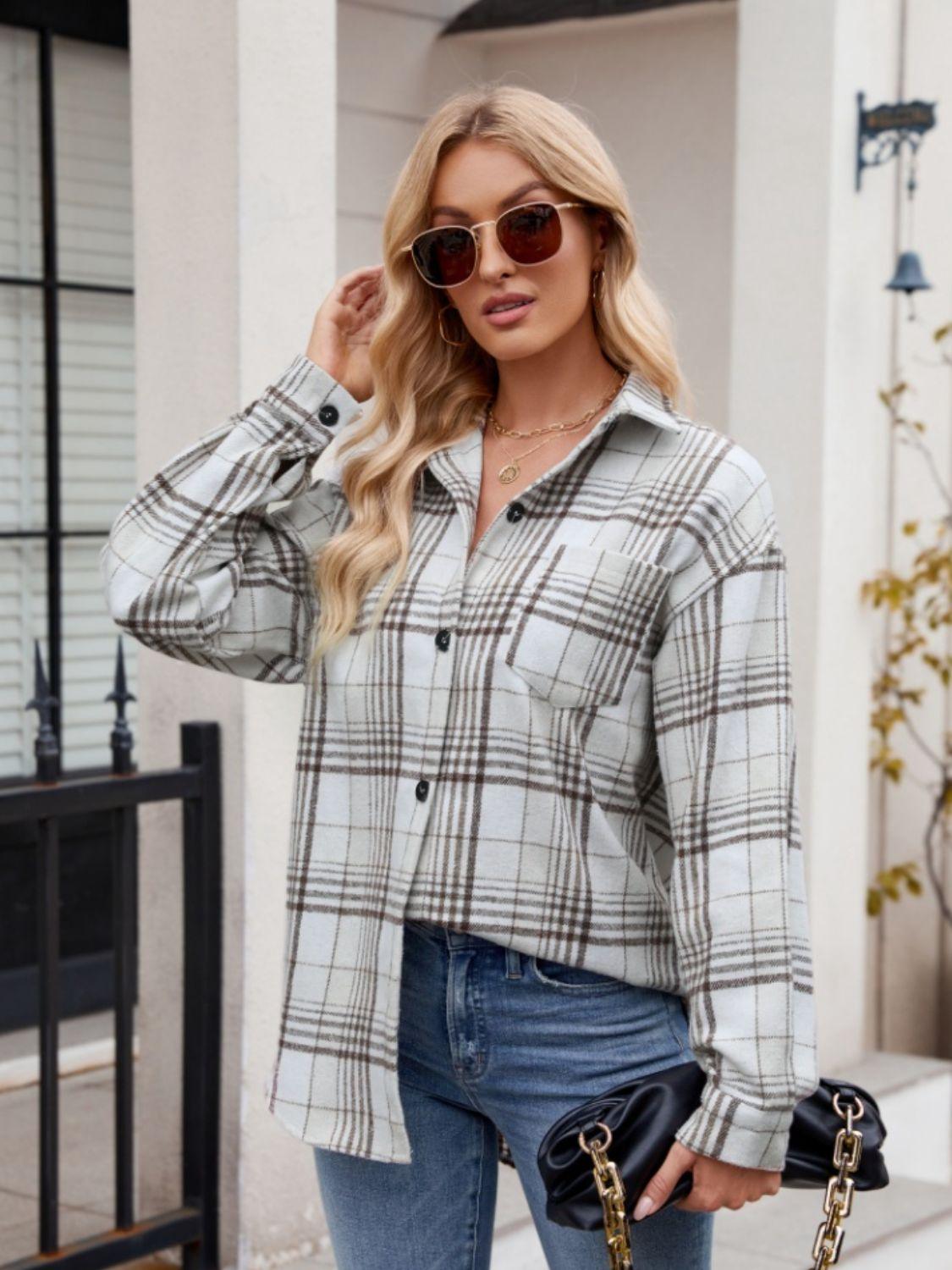Mandy Pocketed Plaid Collared Neck Long Sleeve Shirt White