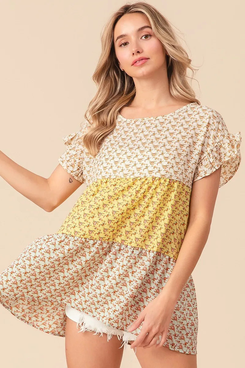 BiBi Flroal Printed Woven Color Block and Tiered Top