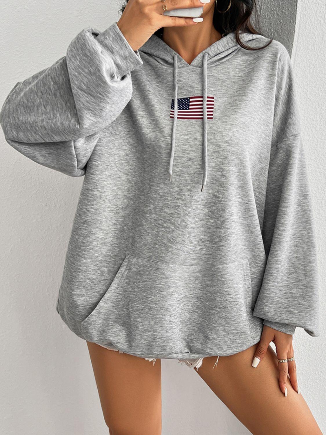 Devine Drawstring US Flag Long Sleeve Hoodie Light Gray