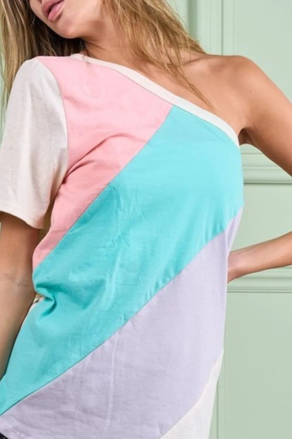 BiBi Cotton Color Block One Shoulder Top