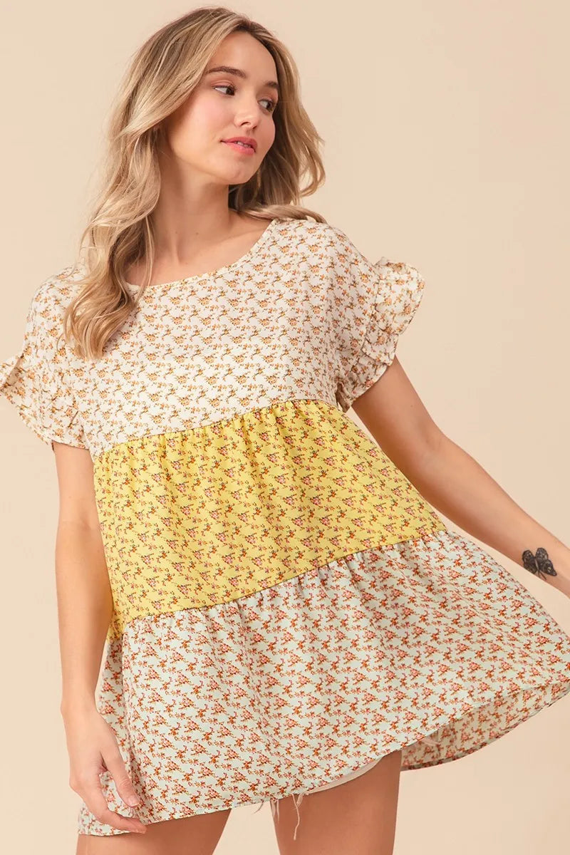BiBi Flroal Printed Woven Color Block and Tiered Top
